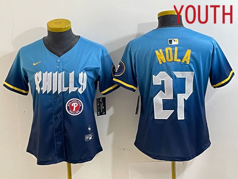 Youth Philadelphia Phillies #27 Nola Blue City Edition Nike 2024 MLB Jersey style 2